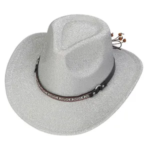Detail of silver glitter cowboy hat with ethnic patterned band and wooden bead charms