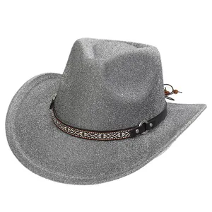 Close-up of glittery silver cowboy hat with ethnic woven band and metallic studs