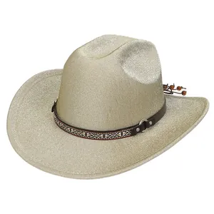 Detail of champagne gold glitter cowboy hat with ethnic braided band and wooden beads