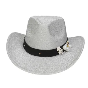 Cappello da Cowboy Occidentale Glitter a Tesa Larga Jazz Con Perla Fiore Fibbia Testa di Bue per Carnevale Festa Spettacolo Moda Accessori