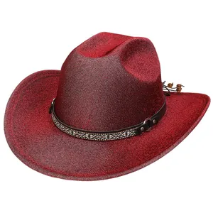 Detail of red glitter cowboy hat featuring ethnic woven band and metallic studs