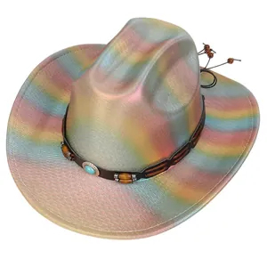 Cappello da cowboy sfumato arcobaleno con cinturino in pelle e perline di turchese