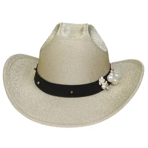 Cappello da cowboy glitter oro champagne con fiori di perle e nastro nero