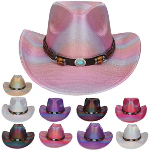 Cappello da Cowboy Occidentale Metallico Cangiante Con Fibbia Turchese Perline di Legno Cappello da Festa Olografico per Uomo Donna