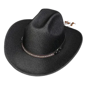 Detail of black cowboy hat featuring ethnic pattern band and wooden bead chin strap