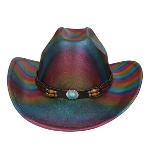 Cappello da cowboy classico con finitura metallica arcobaleno e decorazione in turchese