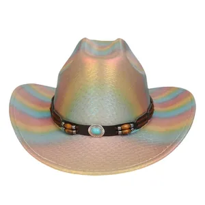 Cappello da cowboy iridescente con fascia in pelle marrone e pietra turchese