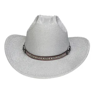 Western style silver glitter cowboy hat with ethnic woven band and metal rings