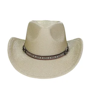 Sparkling champagne gold cowboy hat with patterned ethnic belt for festive party wear