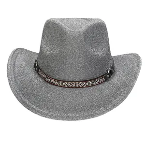 Sparkling silver glitter cowboy hat with ethnic woven band for party festivals