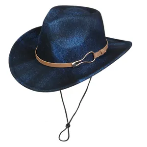 Detail of navy blue polyester fedora with brown leather band and adjustable chin strap