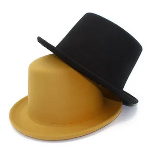 Classic flat top wool felt top hats in black and ginger yellow for formal or costume wear