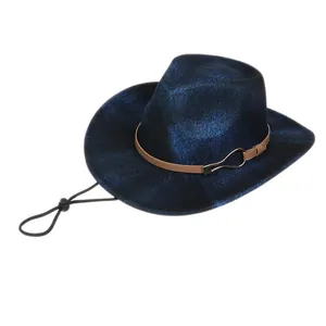 Detail of dark blue fedora hat with brown leather band and adjustable wind rope