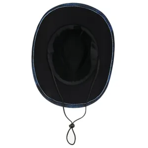 Detail of wide brim hat interior showing denim texture edges and adjustable wind rope