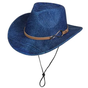 Deep blue cowboy hat with brown belt buckle and adjustable black windproof cord detail