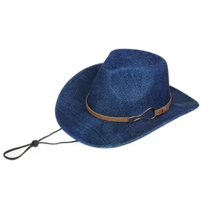Detail of navy blue polyester fedora featuring brown leather band and adjustable chin cord