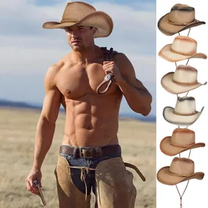 Sombreros de vaquero de paja en varios colores con barboquejo ajustable y ala ancha