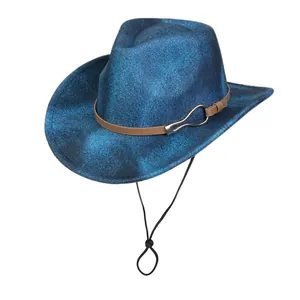 Detail of navy retro polyester fedora with brown leather band and windproof chin strap