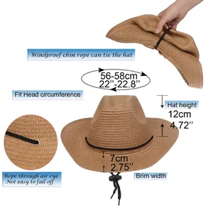 Detaillierte Größentabelle für den faltbaren Western-Strohhut mit Windschutzkordel-Details