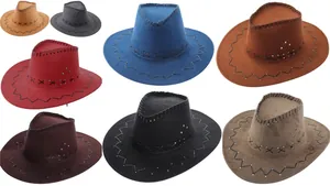 Flat lay display of colorful faux suede western cowboy hats with thick cross-stitch detailing