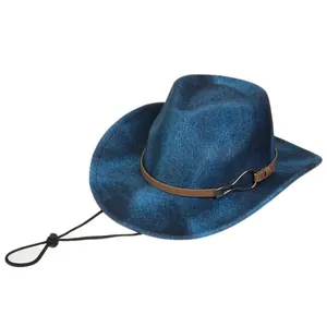 Blue denim style fedora with brown leather band, metal buckle and windproof cord detail