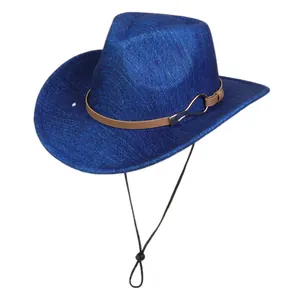Detail of navy western fedora hat featuring brown leather band and adjustable chin strap