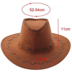 Detail view of brown faux suede cowboy hat showing dimensions, stitching, and metal eyelets