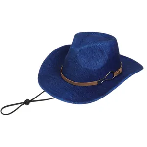 Navy blue polyester fedora hat detail with brown leather band and windproof chin cord