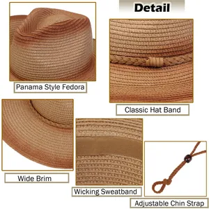 Detalle del sombrero fedora tejido con correa ajustable y banda para el sudor