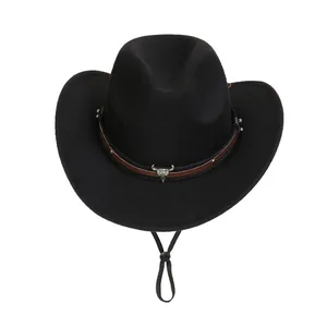 Chapeau de cowboy en feutre noir avec boucle de tête de taureau et cordon ajustable