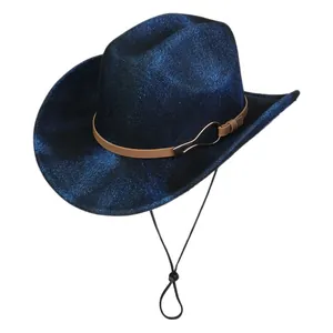 Detail of navy fedora hat featuring brown leather band with gold buckle and adjustable cord