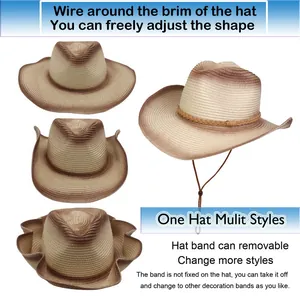 Detalle del ala plegable y la banda desmontable de este sombrero de paja tejido