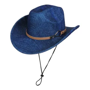 Close-up of blue cowboy hat featuring a brown leather band and adjustable windproof cord