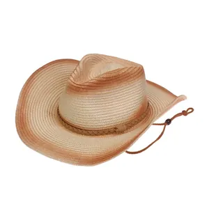 Detalle de sombrero de paja tejido con degradado marrón y cordón ajustable para la barbilla