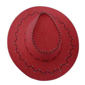 Detailed top view of red cowboy hat with black zigzag stitching and decorative cords