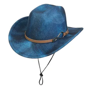 Detail of vintage blue polyester fedora with brown leather band and windproof rope