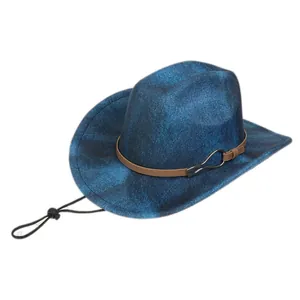 Macro detail of blue marble texture felt hat with leather band and windproof rope