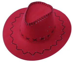 Detail of red cowboy hat with bold black stitching and high-quality faux suede finish