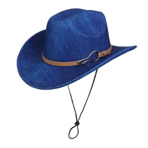 Detail of dark blue fedora hat with brown leather band and adjustable windproof cord