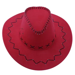 Detail of red western cowboy hat featuring black cross-stitch edges and metal eyelets