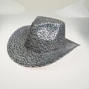 Detailed close-up of metallic silver cowboy hat with black cracked pattern and curved brim