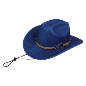 Detail of dark blue wide brim jazz hat with brown leather band and adjustable wind cord