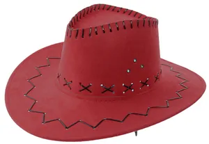 Detail of red suede cowboy hat with black decorative stitching and metal eyelets
