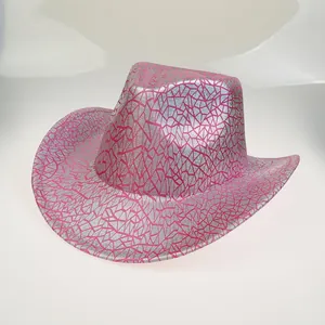 Close-up of silver cowboy hat with magenta geometric grid patterns and wide curved brim