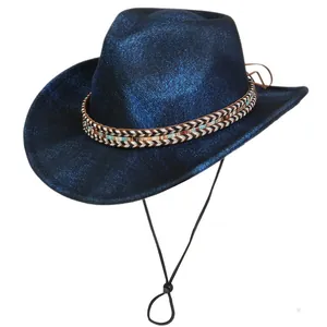 Detail of dark blue metallic cowboy hat with woven ethnic band and adjustable wind rope