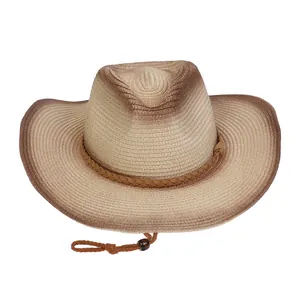 Detalle del sombrero de paja con degradado marrón y cordón ajustable de cuero vintage