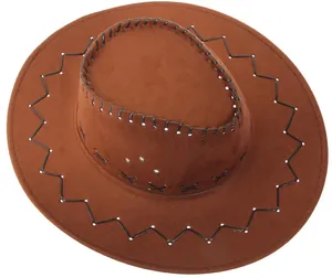 Close-up of brown suede cowboy hat with stitched brim and metal ventilation eyelets