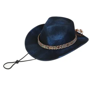 Detail of navy blue glitter cowboy hat featuring ethnic band and adjustable wind rope
