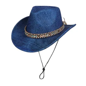 Close-up of navy blue jazz hat with colorful geometric band and adjustable chin strap