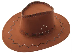 Brown western cowboy hat detail with suede texture, cross stitching and metal eyelets